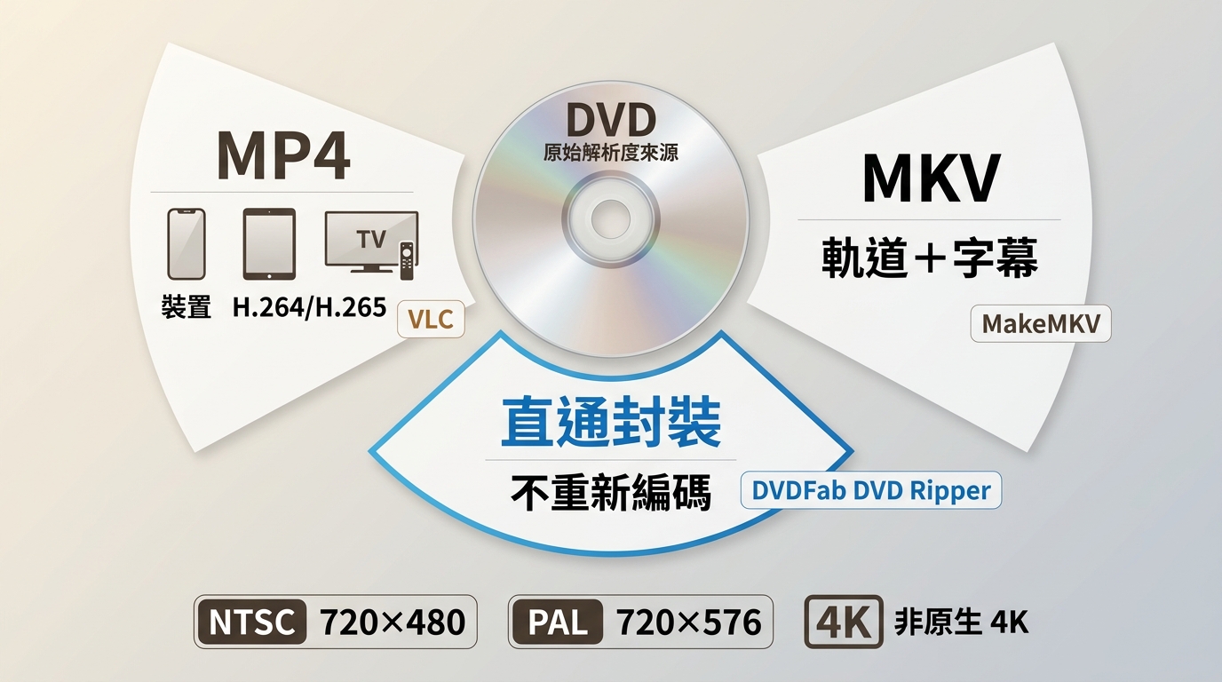 MP4、MKV 與直通封裝的播放相容性、軌道保留及 DVD 解析度差異。