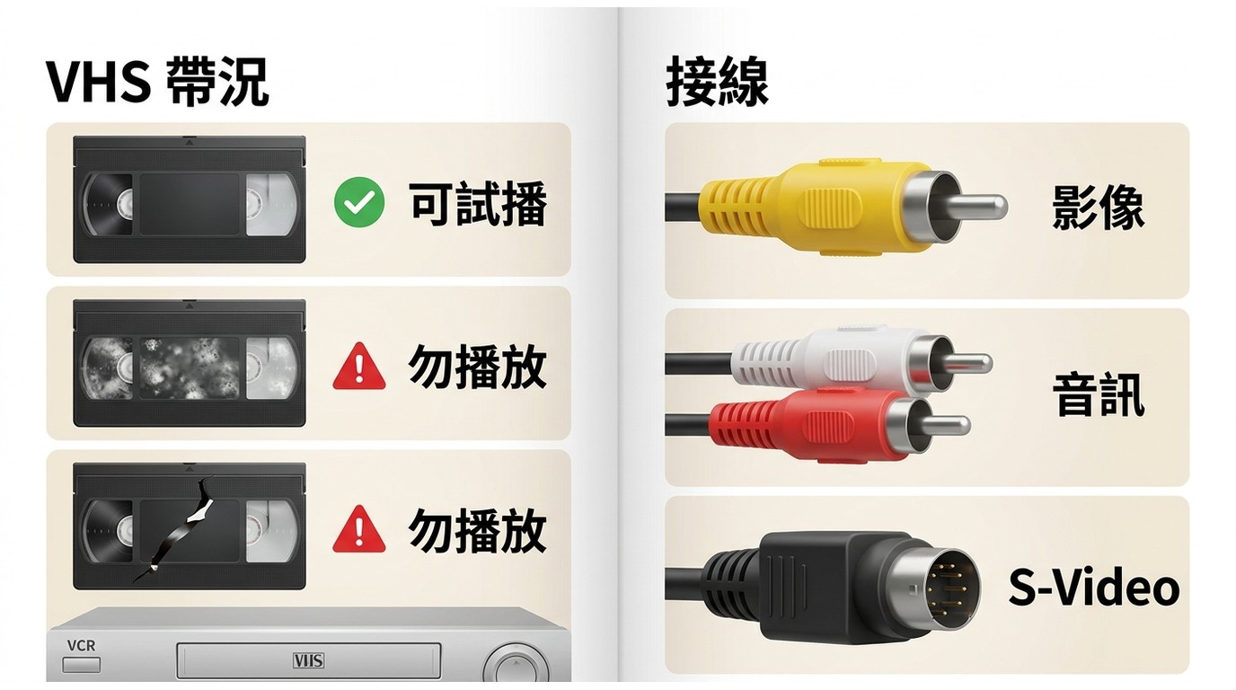 VCR 與 VHS 磁帶檢查重點,包括發霉斷帶及 RCA、S-Video 接頭。