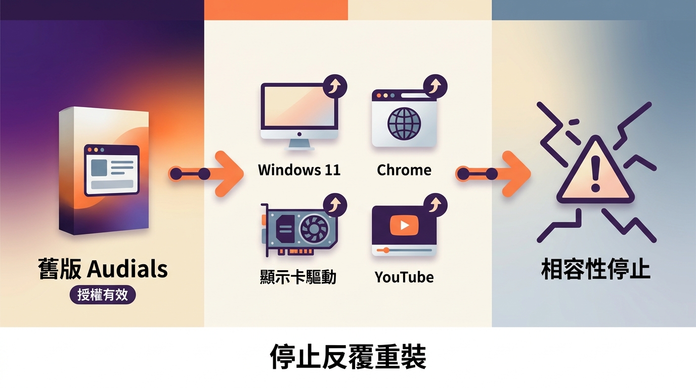 舊版 Audials 授權有效但因 Windows、Chrome 與驅動更新失去相容性服務。