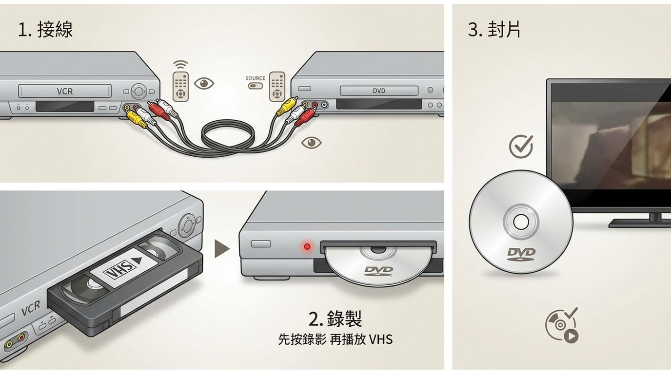 VCR 連接 DVD 錄影機,依序錄製 VHS 並完成 DVD 封片。
