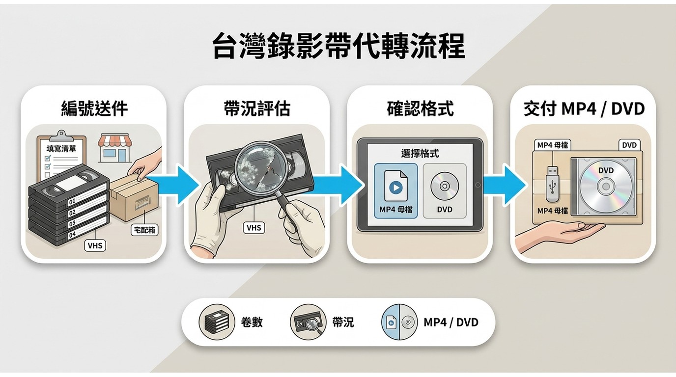 台灣 VHS 代轉從編號送件、帶況評估到交付 MP4 與 DVD 的流程。