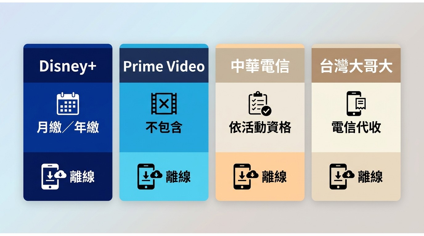 Disney+、Amazon Prime Video與台灣電信方案的訂閱與離線觀看比較