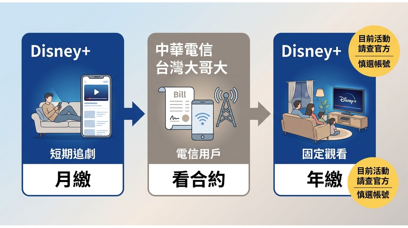 依追劇期間、電信資格與觀看頻率選擇Disney+月繳、年繳或電信方案