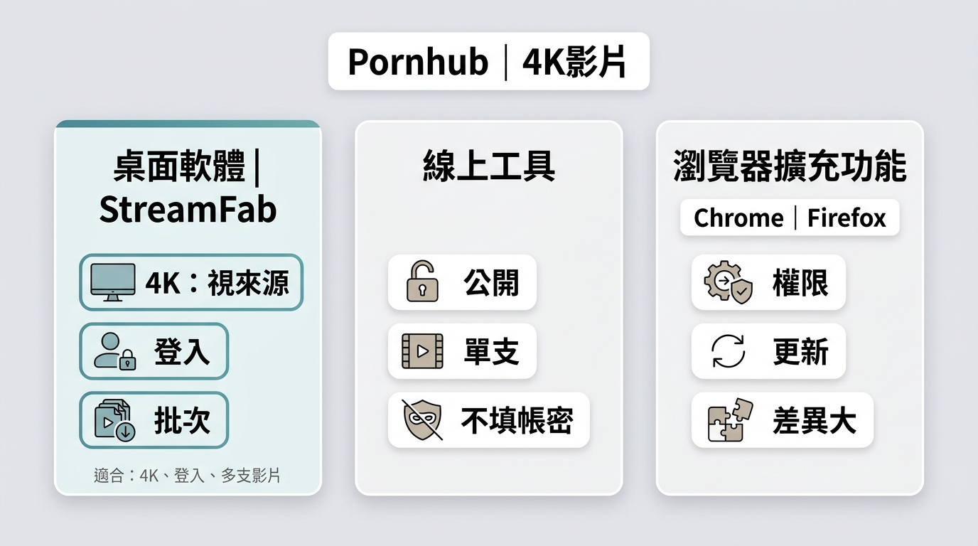 StreamFab桌面軟體、線上工具與瀏覽器擴充功能的4K、登入和批次差異。