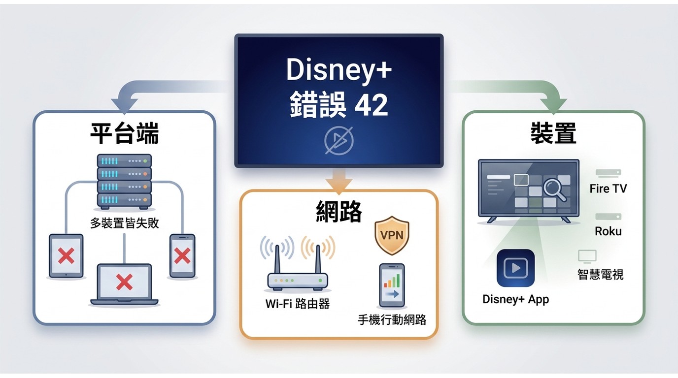 Disney+ 錯誤42分為平台故障、網路路徑與單一裝置問題的判斷方式