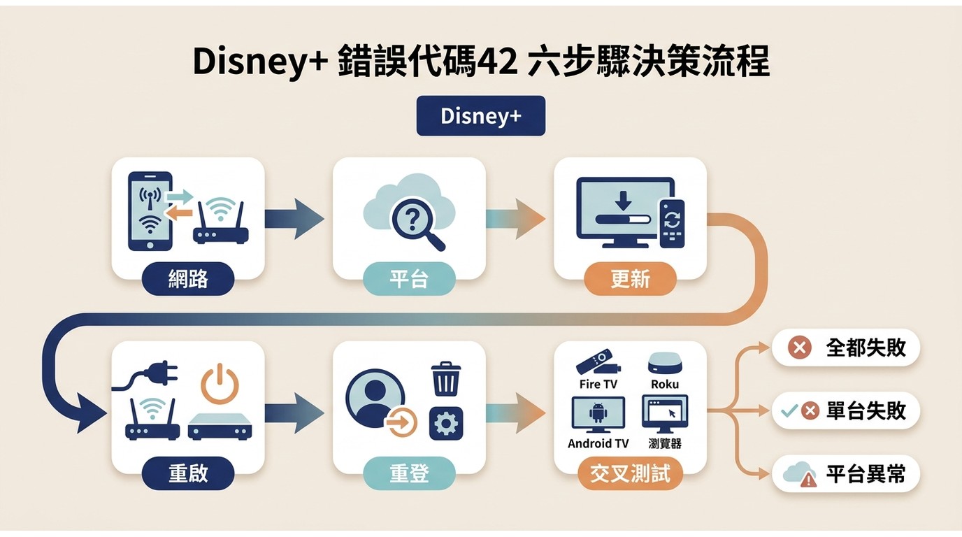 Disney+ 錯誤42從網路測試到裝置交叉測試的六步驟排查流程