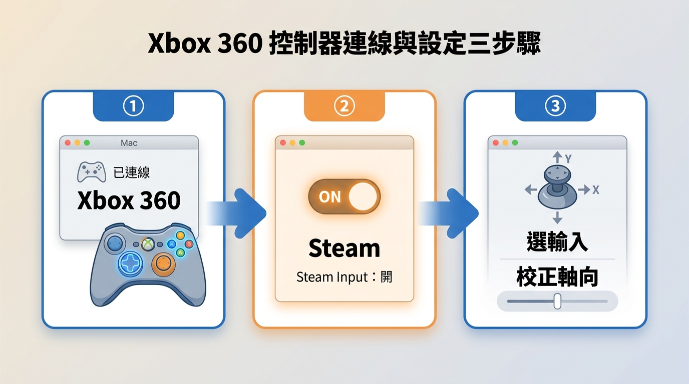 Xbox 360 控制器從 macOS 輸入測試到 Steam Input 與遊戲設定的排錯流程