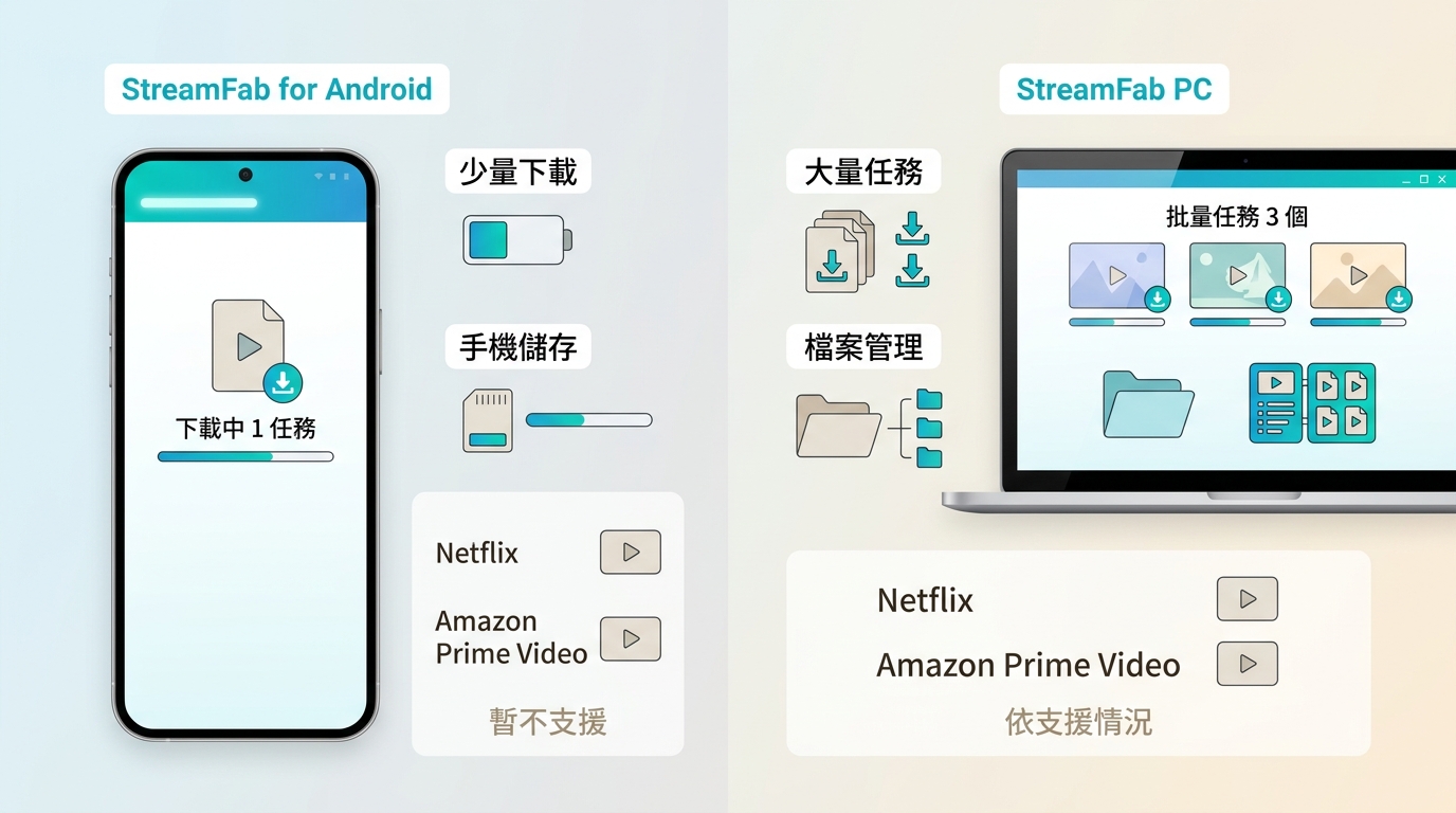 StreamFab Android適合少量行動下載，PC版適合大量任務與媒體管理