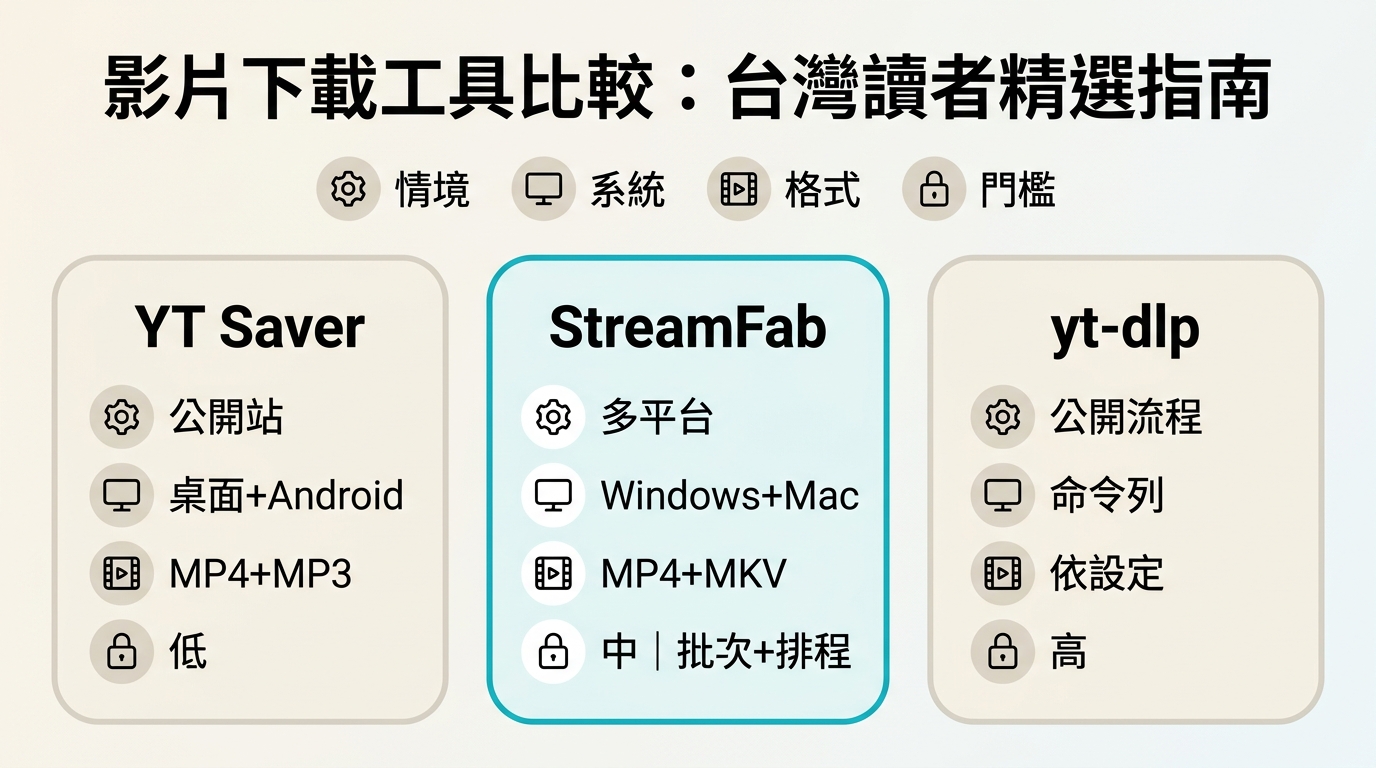 YT Saver、StreamFab與yt-dlp的系統、格式、批次功能及操作門檻比較
