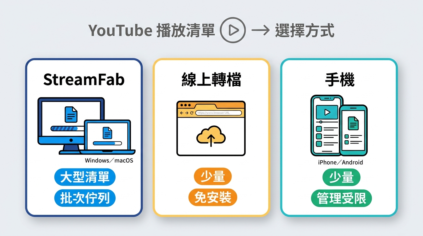 YouTube 播放清單轉檔時,桌面、線上與手機方案的適用情境比較。