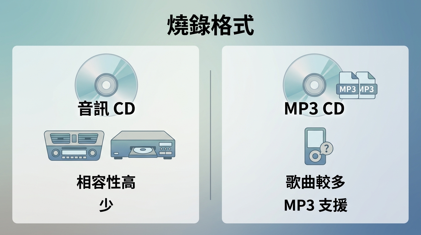 Windows Media Player燒錄音訊CD與MP3資料CD的相容性及容量比較
