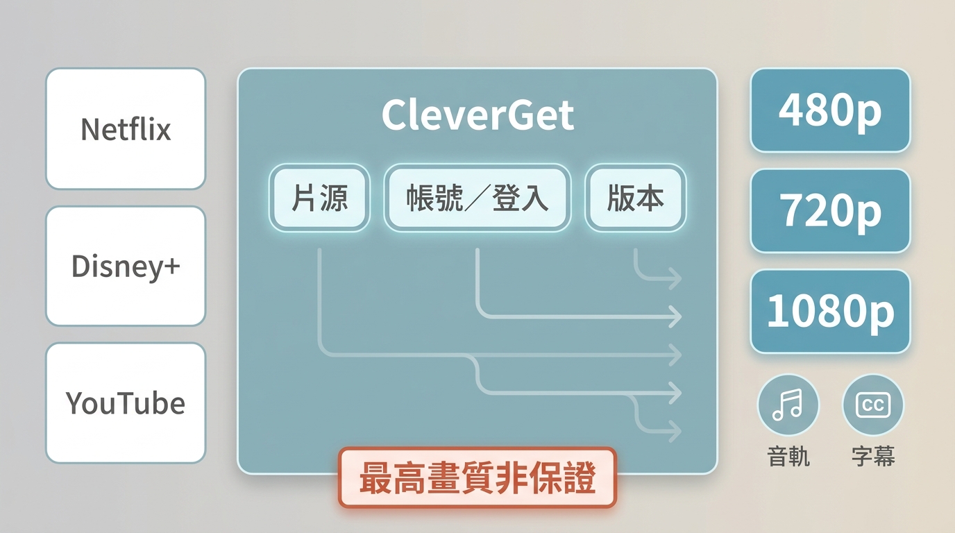 CleverGet在Netflix、Disney+與YouTube的畫質結果受片源、帳號與版本影響。