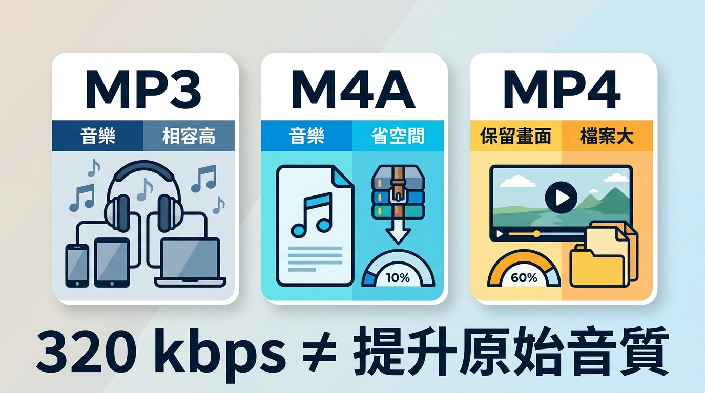 YouTube 轉檔時 MP3、M4A 與 MP4 的用途、相容性和空間差異。