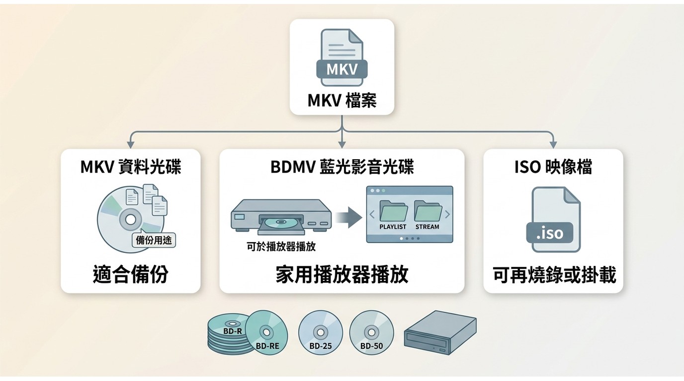 MKV 資料光碟、BDMV 藍光影音光碟與 ISO 映像檔的用途差異