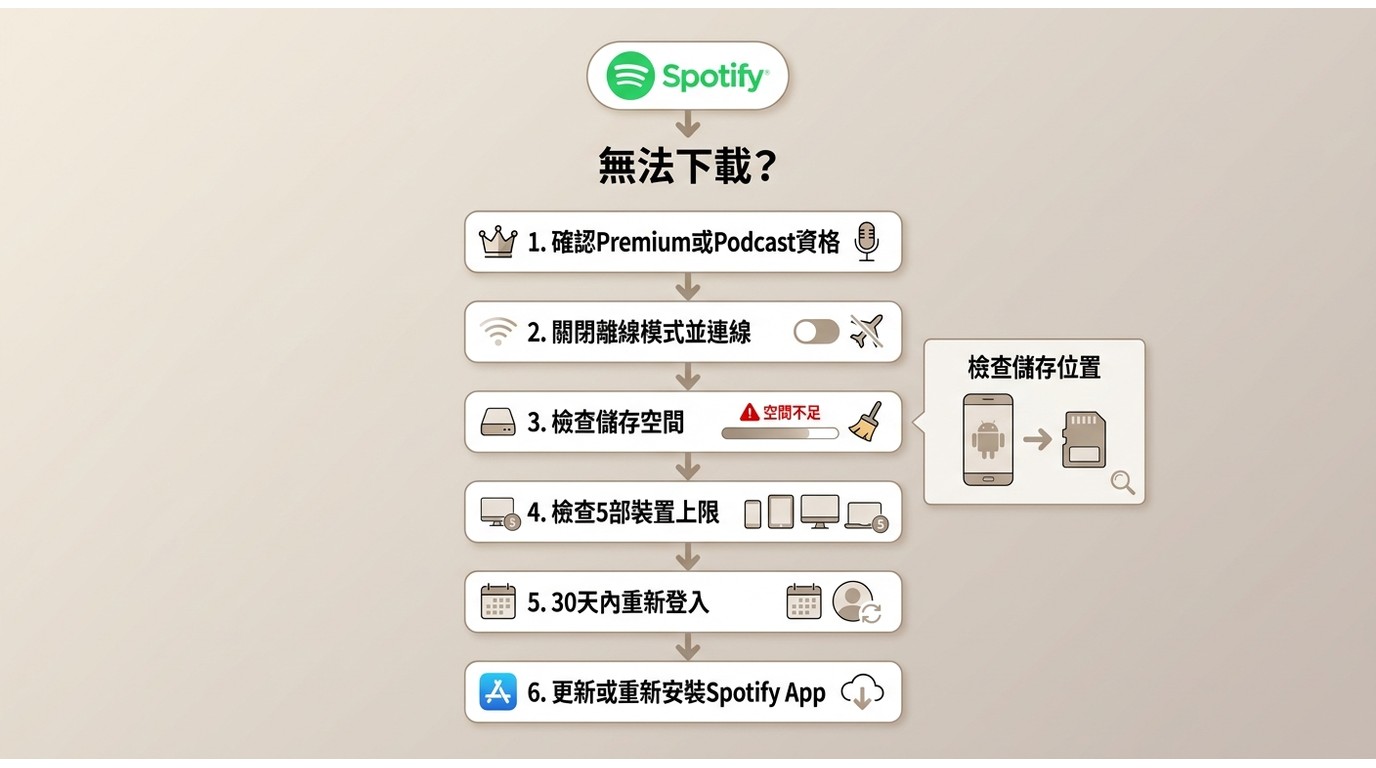 Spotify下載失敗時檢查Premium、儲存空間、裝置與30天連線規則