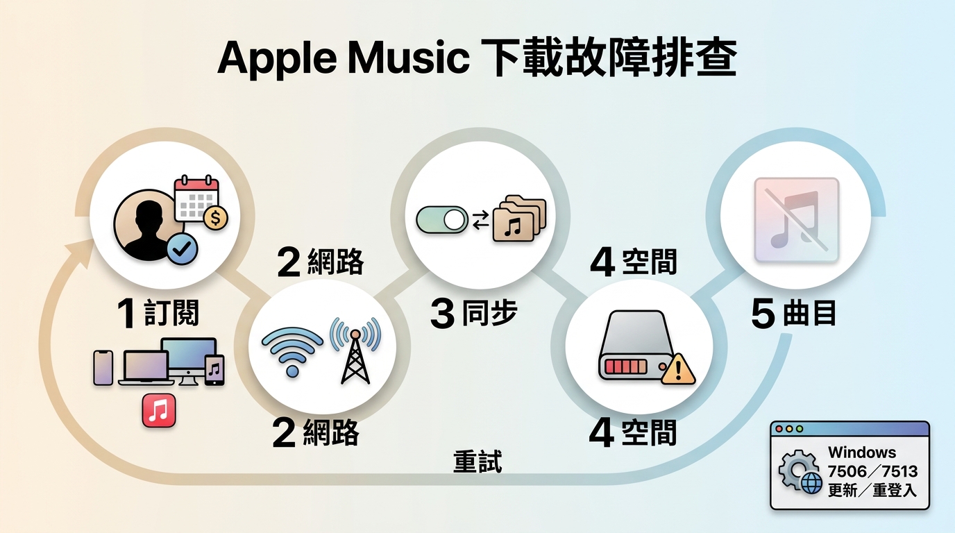 Apple Music無法下載時檢查訂閱、網路、同步資料庫與儲存空間