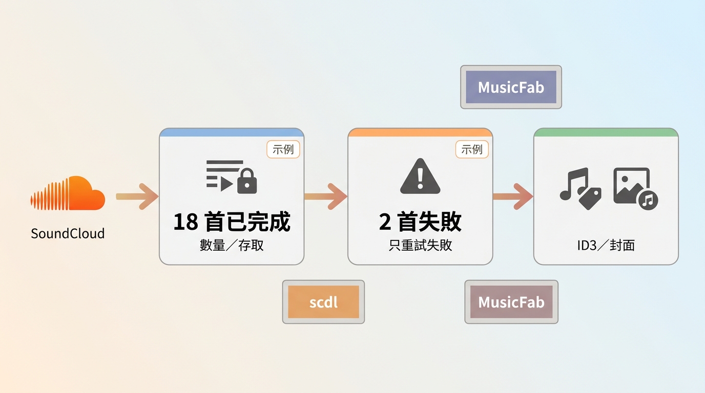 SoundCloud播放清單下載後核對曲目、重試失敗項目與整理標籤