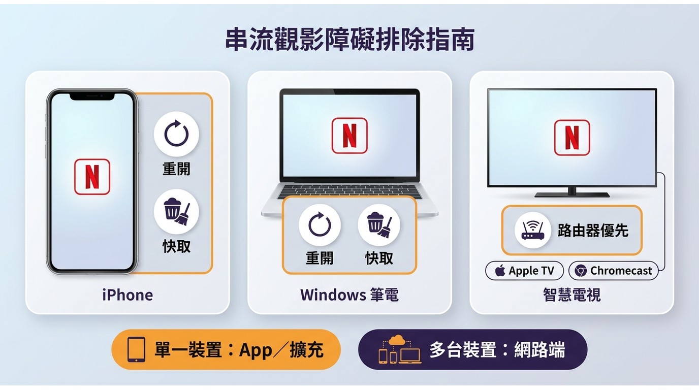 Netflix VPN問題在手機、Windows電腦與智慧電視的排查重點差異。
