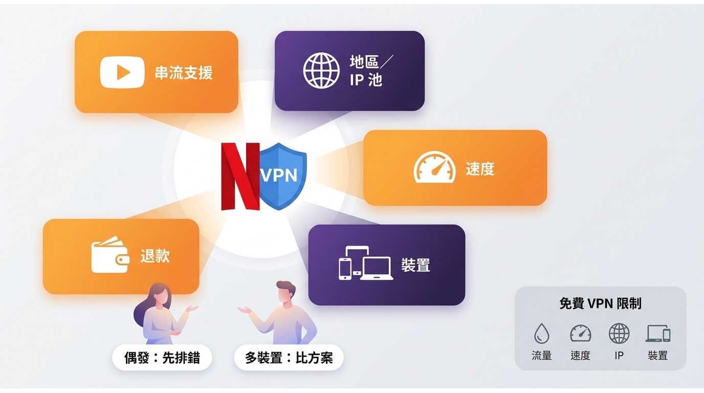 選擇Netflix VPN時的串流支援、IP池、速度、裝置與退款比較重點。