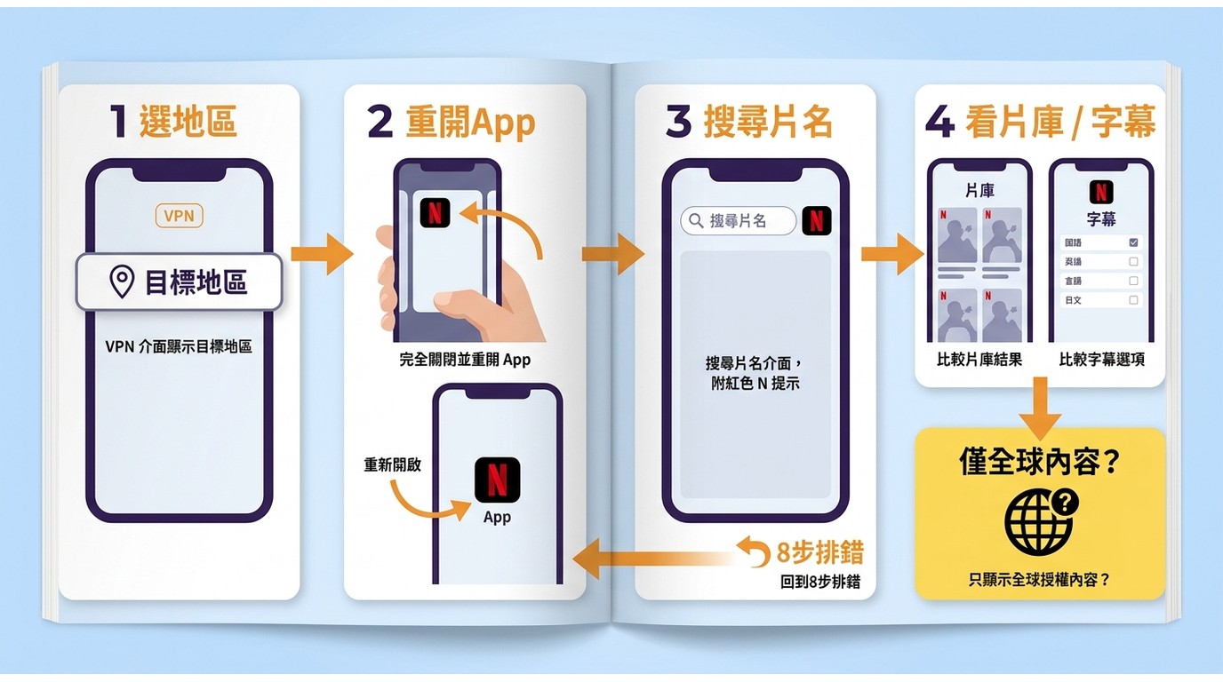 Netflix VPN跨區驗證步驟，確認重開App後的片庫與字幕是否改變。