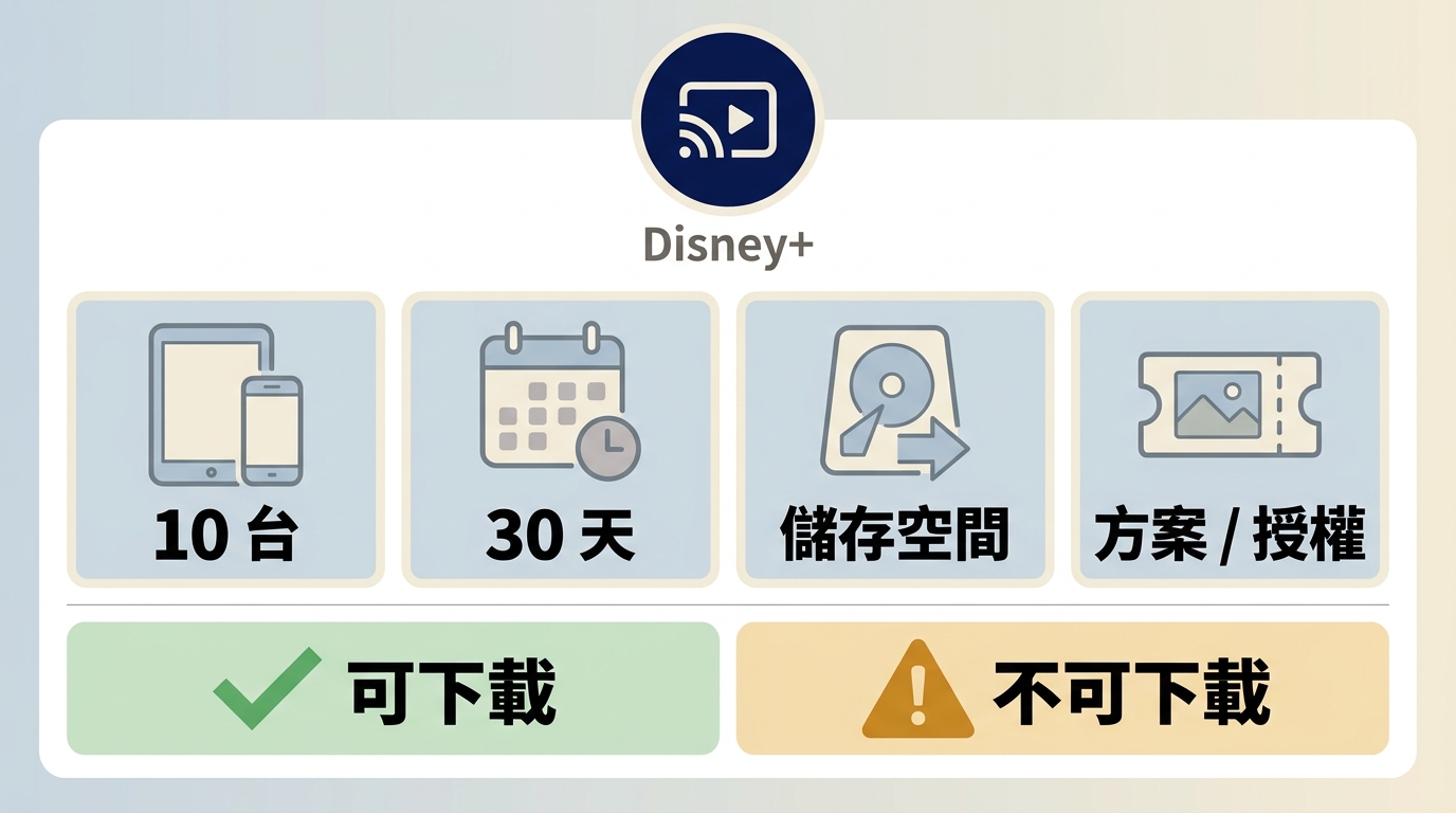 Disney+ 下載規則總覽，包含10台裝置、30天連網與內容授權