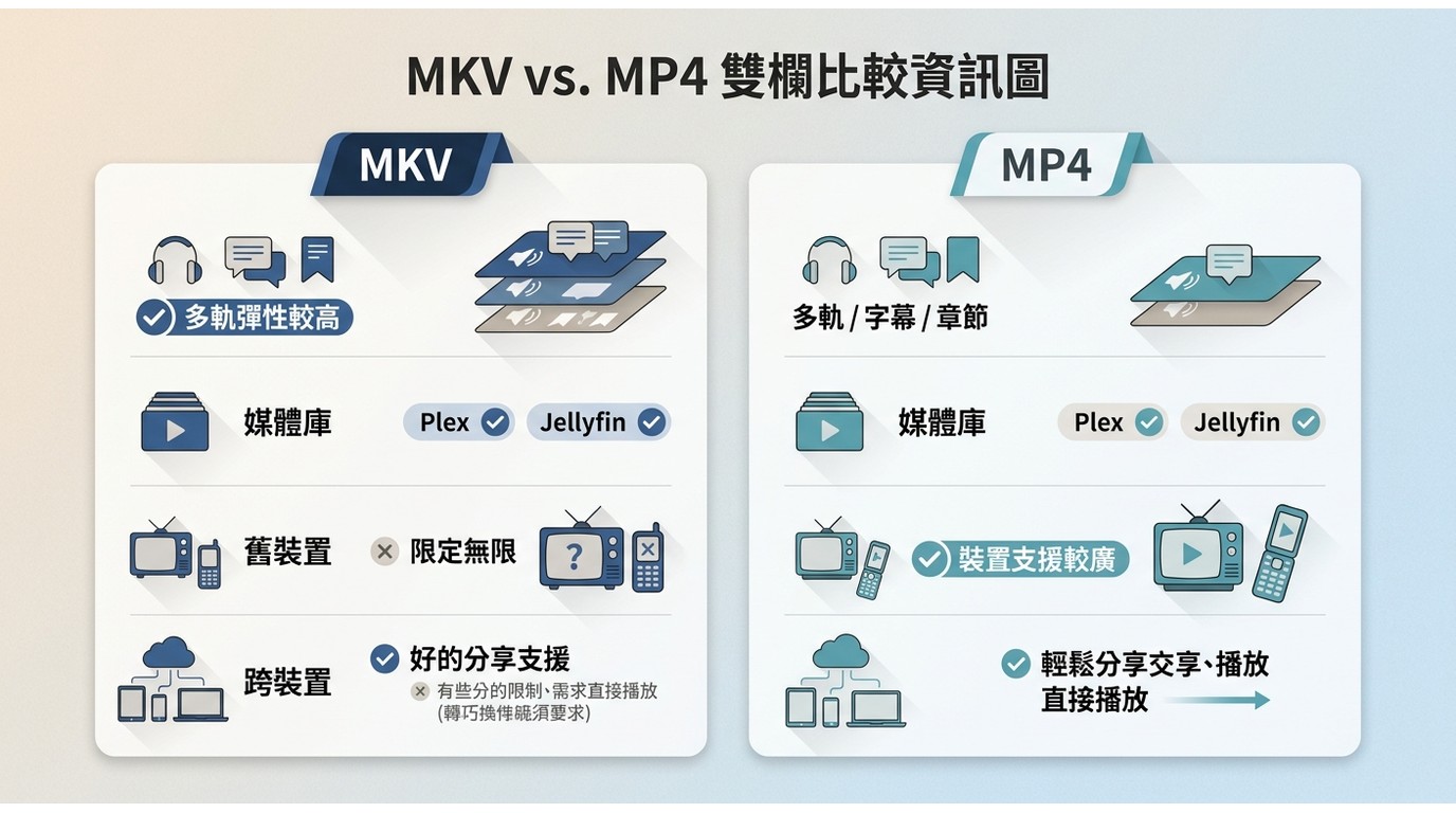 MKV與MP4在多音軌媒體庫和裝置相容性上的比較