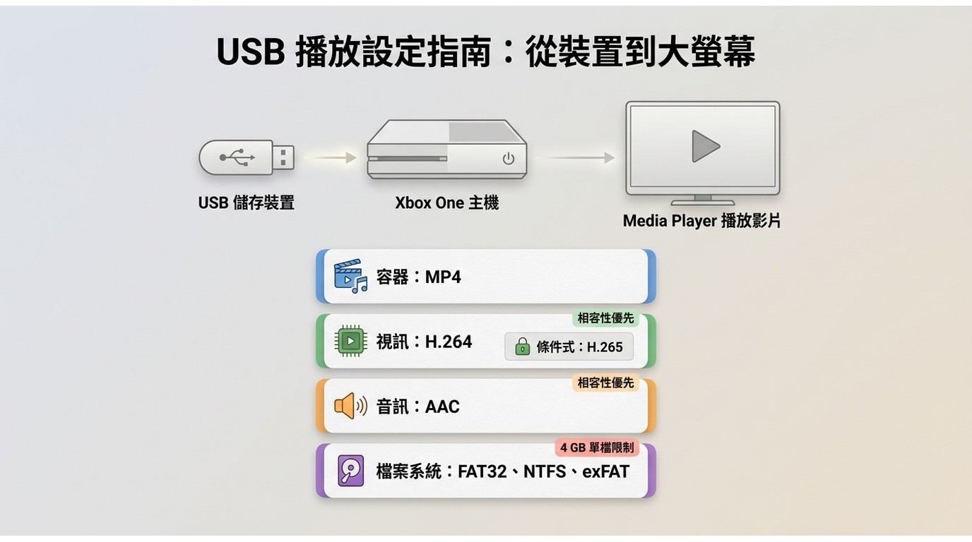 Xbox One USB播放的MP4、H.264、AAC與檔案系統設定