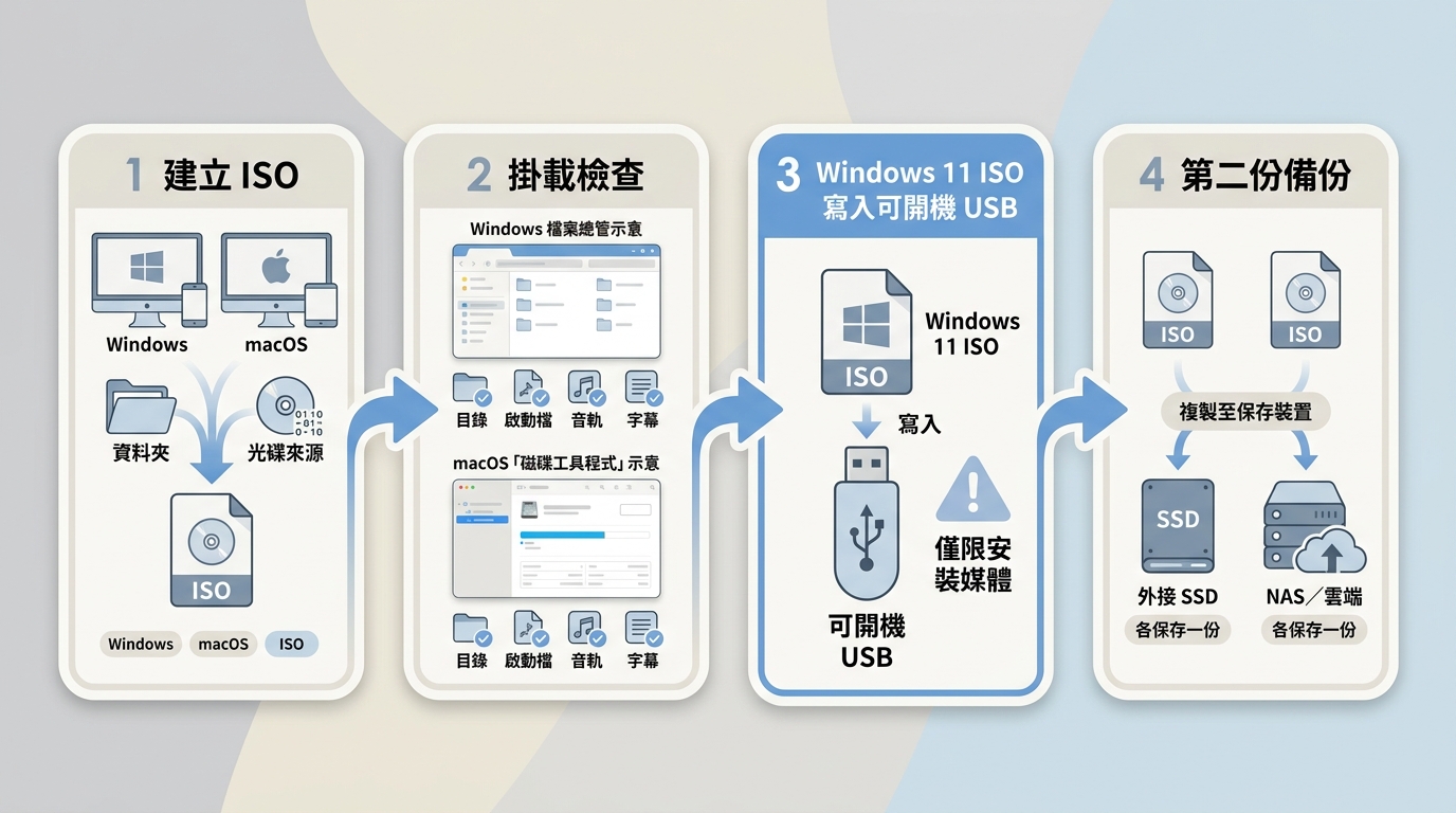 ISO 建立後掛載檢查、寫入 USB 與備份流程