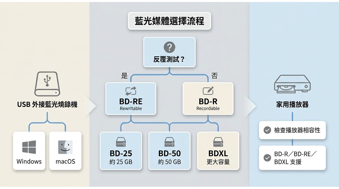 BD-R、BD-RE、BD-25、BD-50 與 BDXL 的選擇流程