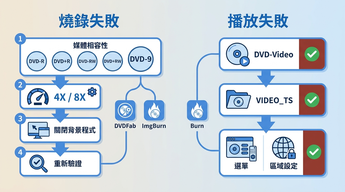 DVD 燒錄失敗與播放機無法播放的排查順序