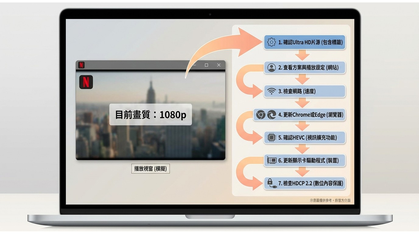 Windows上Netflix僅顯示1080p時的逐項排查路徑