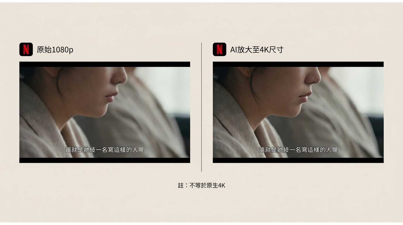 Netflix 1080p影片放大至4K尺寸後的細節與限制比較
