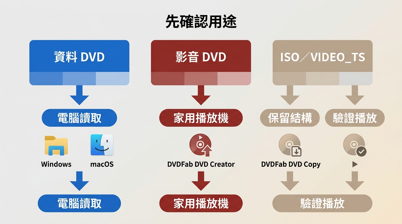 資料 DVD、DVD-Video 與 ISO/VIDEO_TS 的用途分流流程