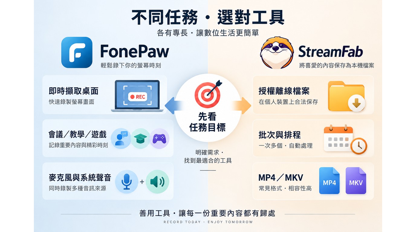 FonePaw即時錄影與StreamFab授權離線下載用途比較