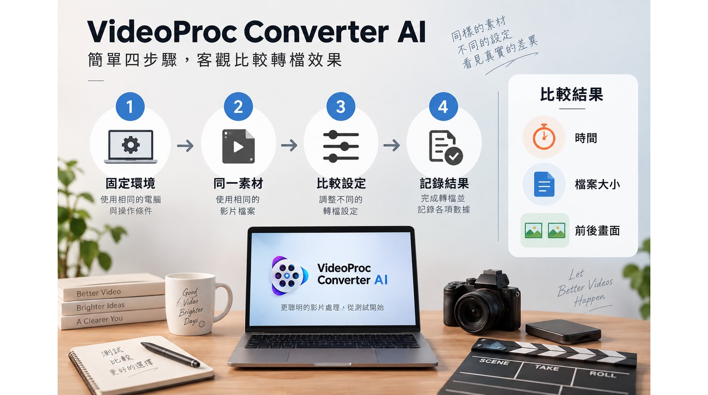 VideoProc Converter AI測試需固定硬體、素材、設定並記錄結果