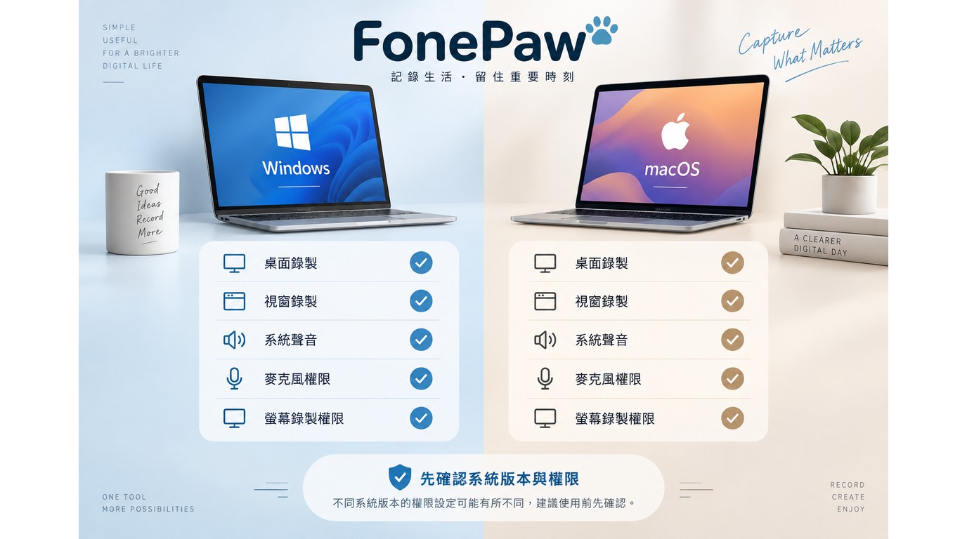 FonePaw在Windows與macOS的錄製功能及權限檢查比較