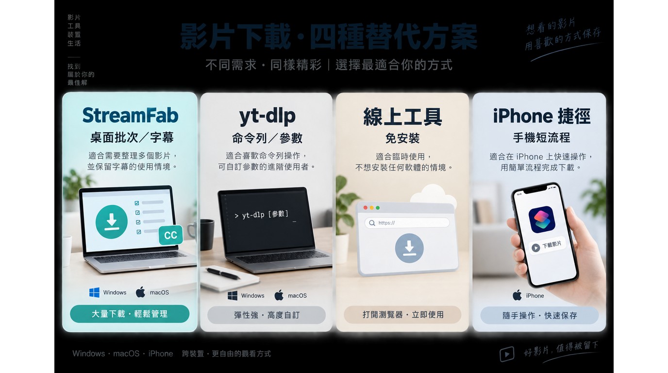 StreamFab、yt-dlp、線上工具與iPhone捷徑的使用情境比較