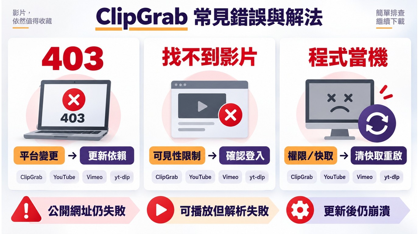 ClipGrab常見錯誤與處理方向,對照403、解析失敗和程式當機