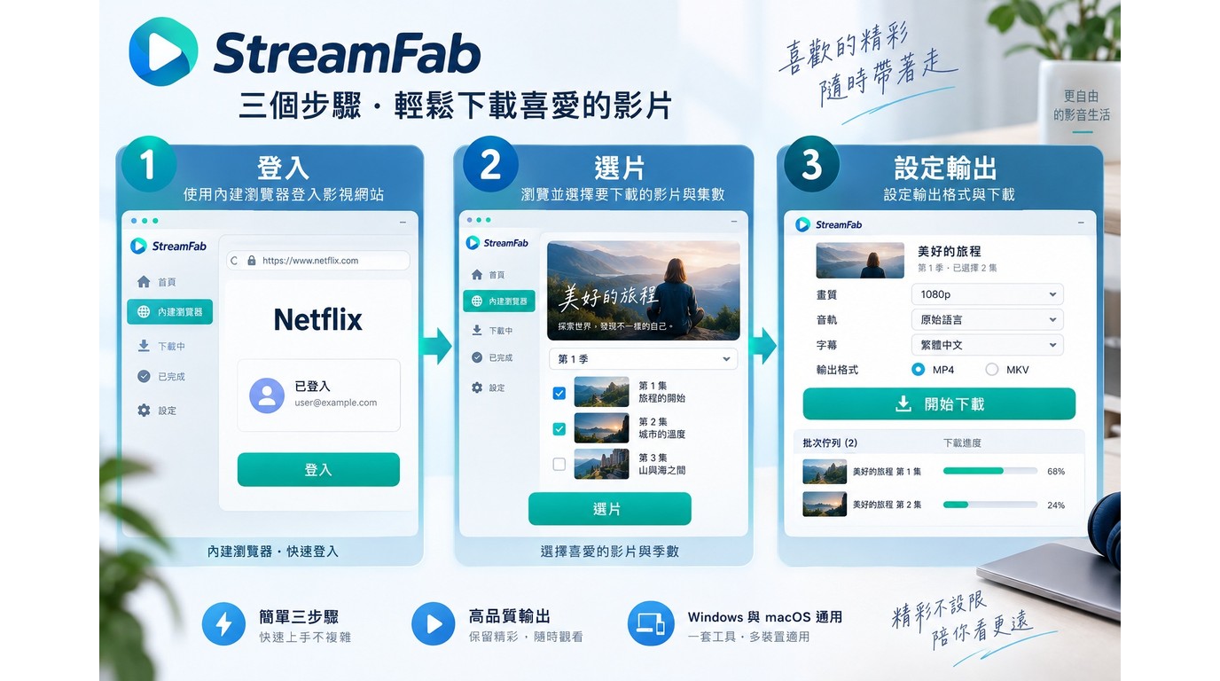 StreamFab從Netflix登入、選片到設定MP4下載的三步流程