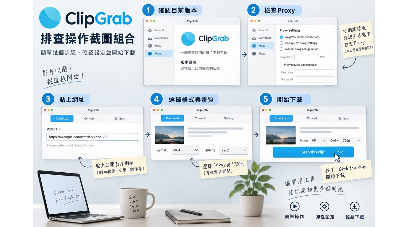 ClipGrab從檢查Proxy到選擇MP4下載的排查步驟