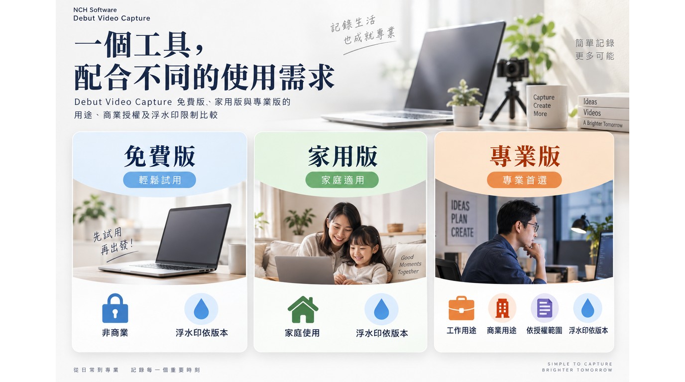 Debut Video Capture免費版Home版與Pro版授權比較