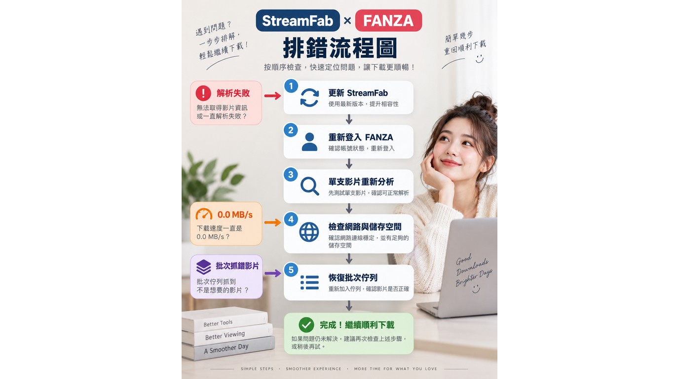 StreamFab FANZA 解析失敗、0.0 MB/s 與批次佇列的排錯順序