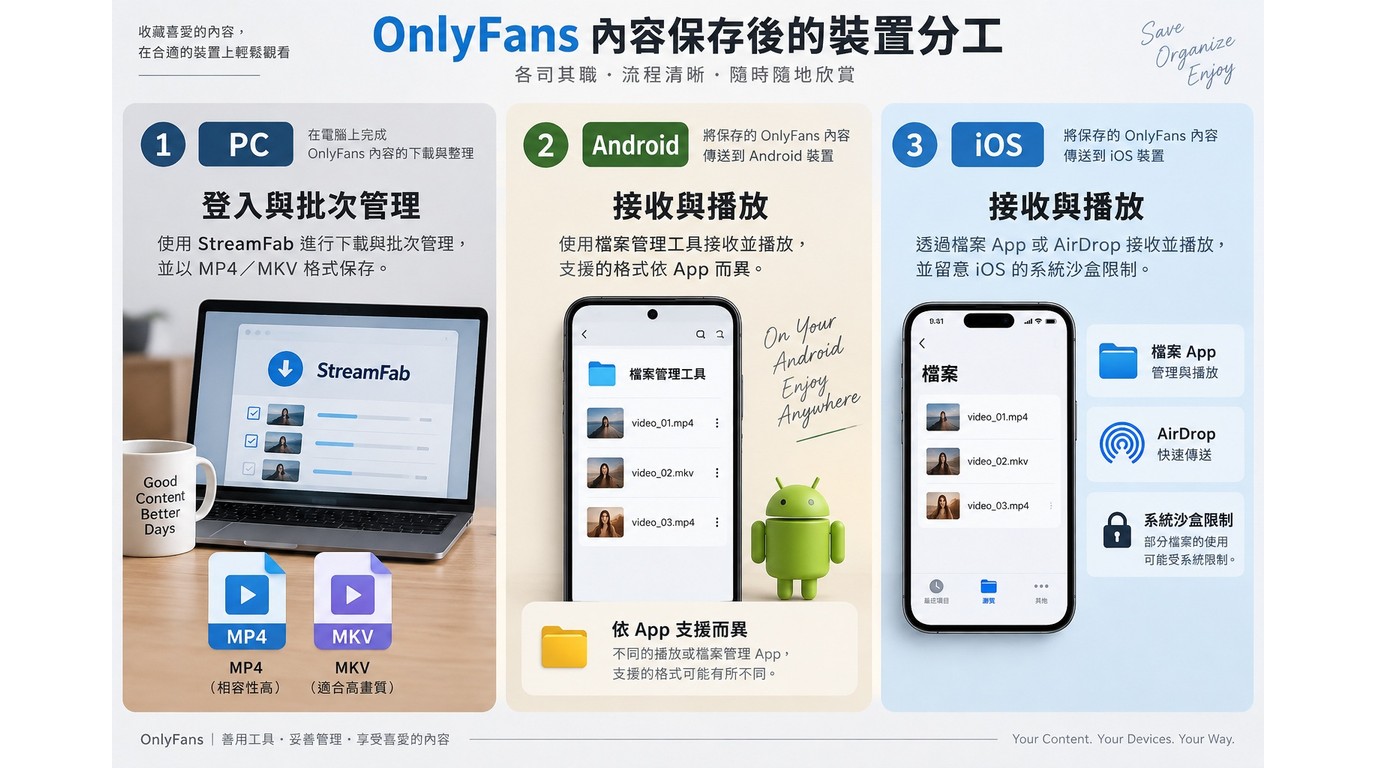 PC、Android與iOS處理OnlyFans檔案的功能與限制比較
