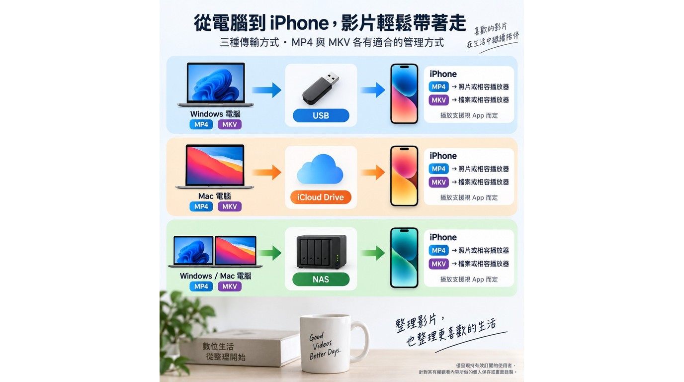 MP4與MKV經USB、iCloud Drive或NAS傳入iPhone的方式