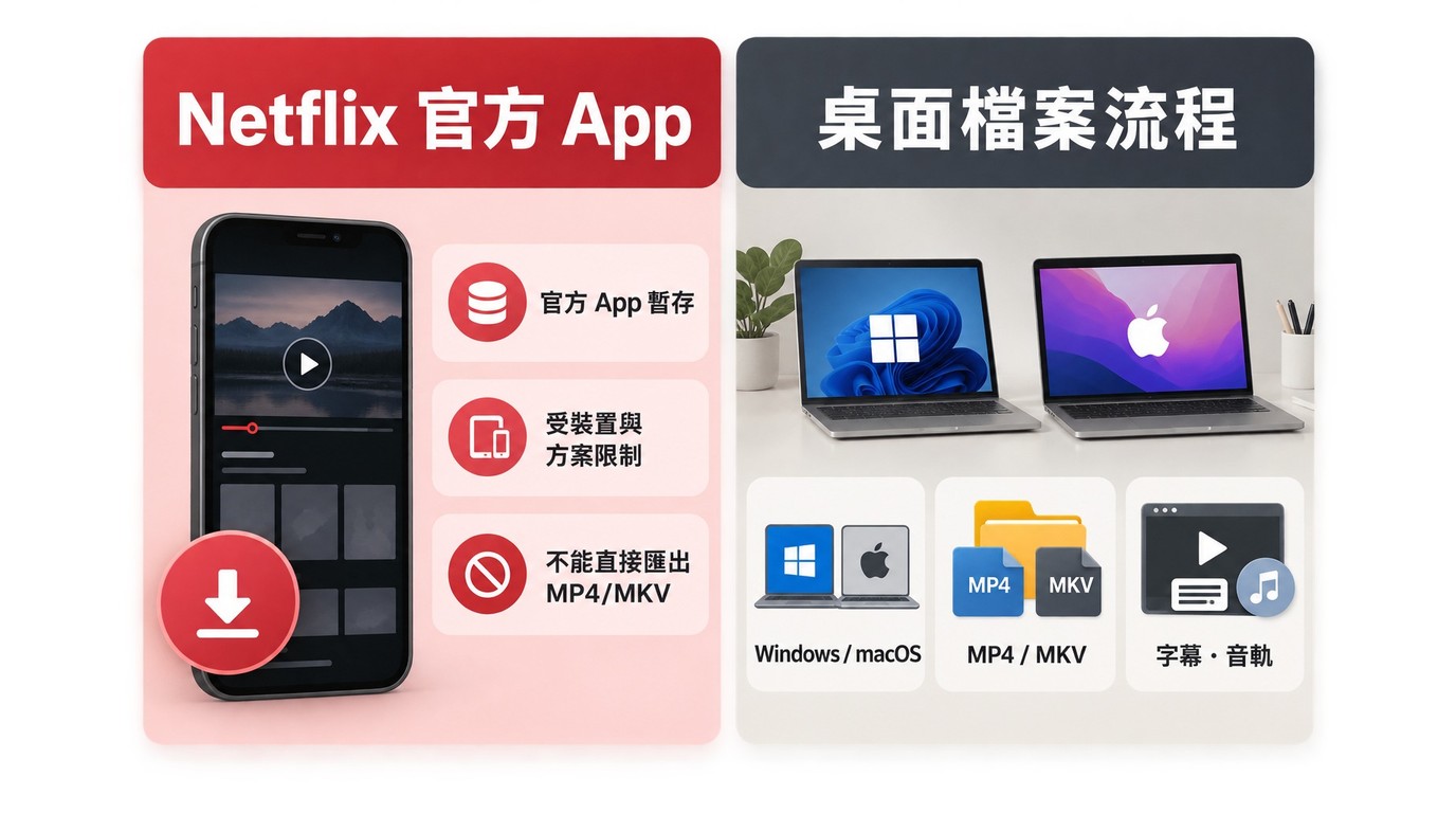 Netflix 官方暫存與 Windows、macOS 本機 MP4/MKV 流程差異