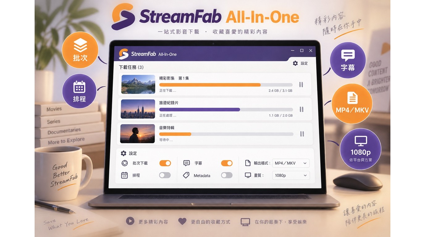StreamFab桌面介面展示批次、排程、字幕、Metadata與MP4／MKV輸出設定