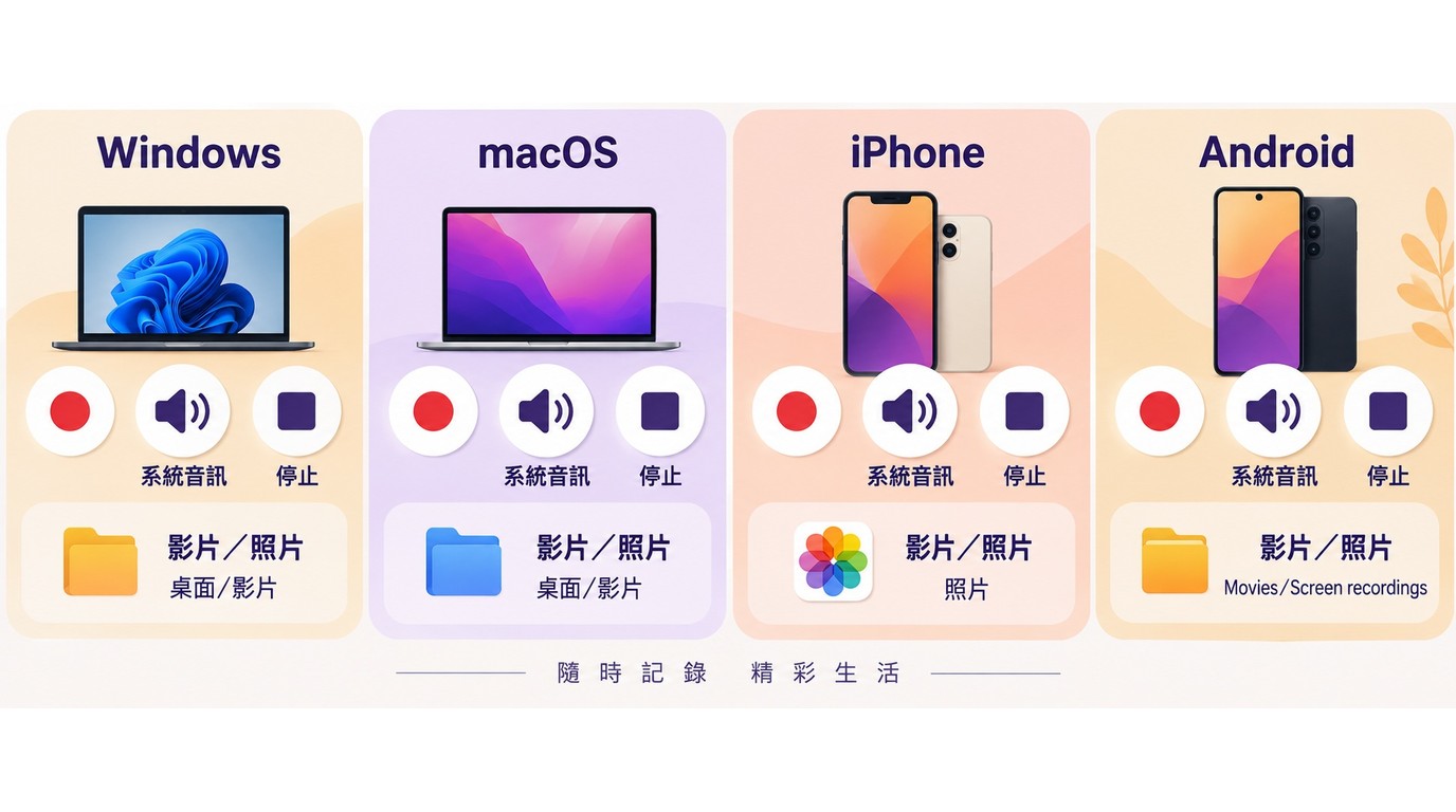Windows、macOS、iPhone與Android錄製入口、音訊設定與檔案位置對照