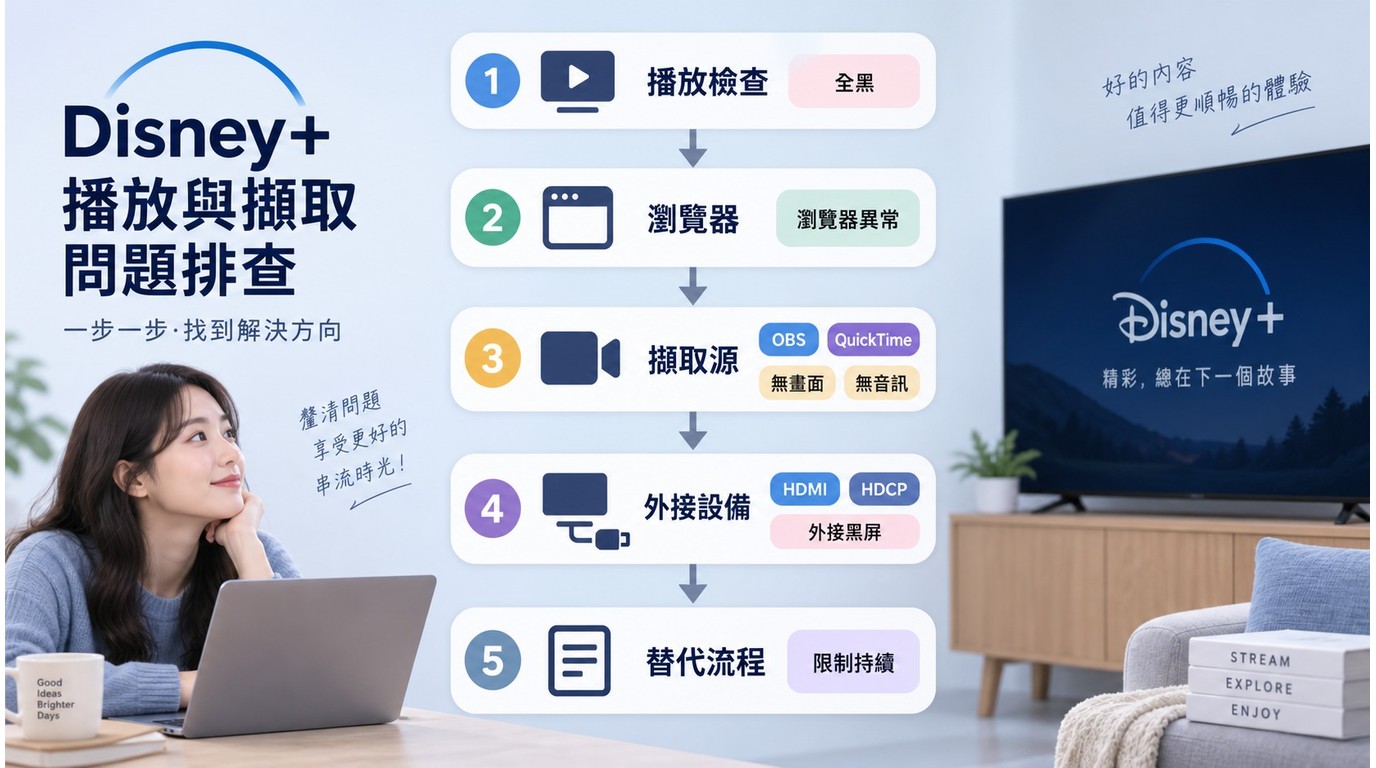 Disney+黑畫面的五步排錯流程涵蓋瀏覽器、OBS與HDMI