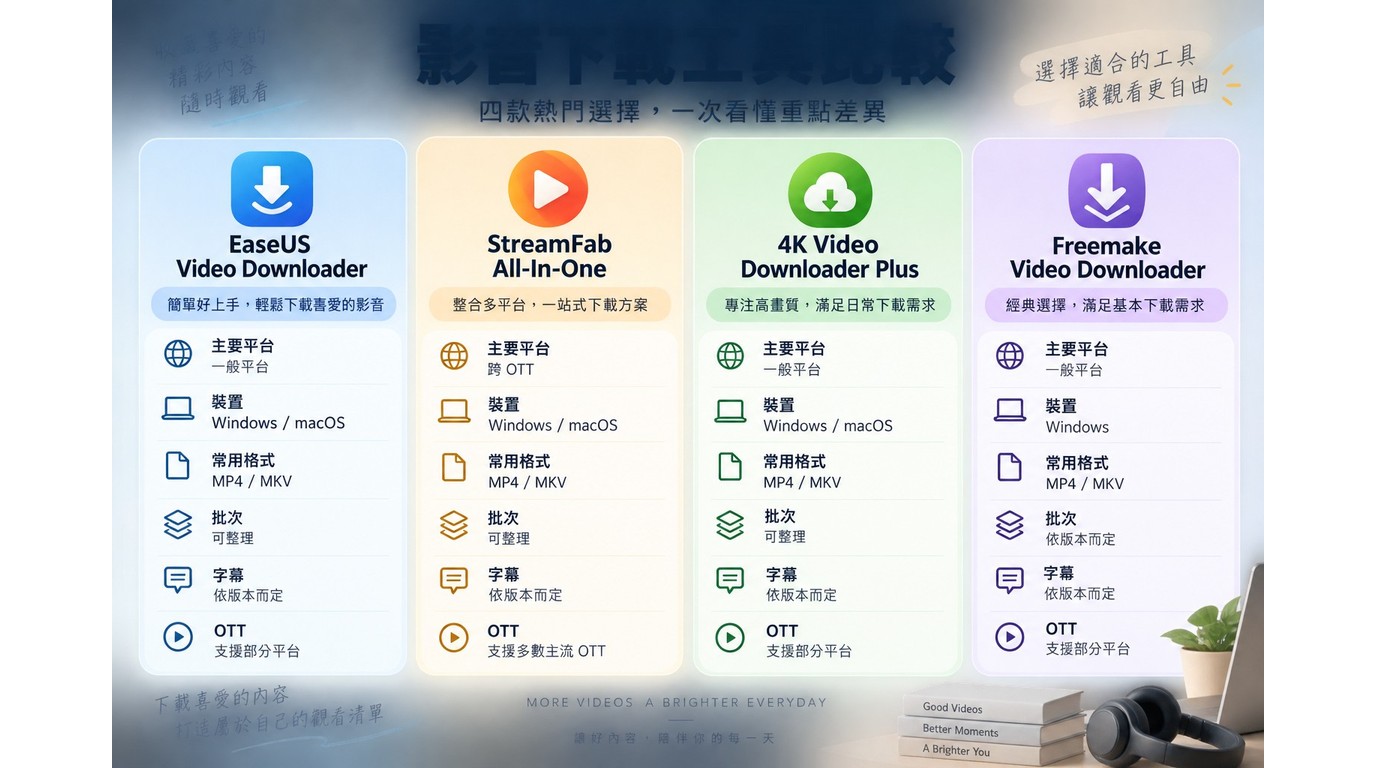 EaseUS Video Downloader與StreamFab、4K Video Downloader Plus及Freemake比較