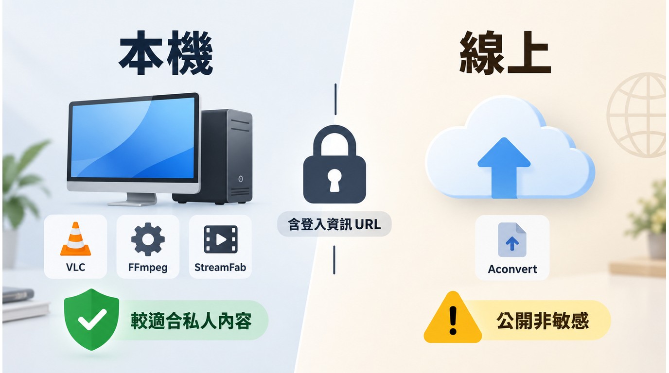 本機工具與Aconvert線上轉檔在私人M3U8網址上的風險差異